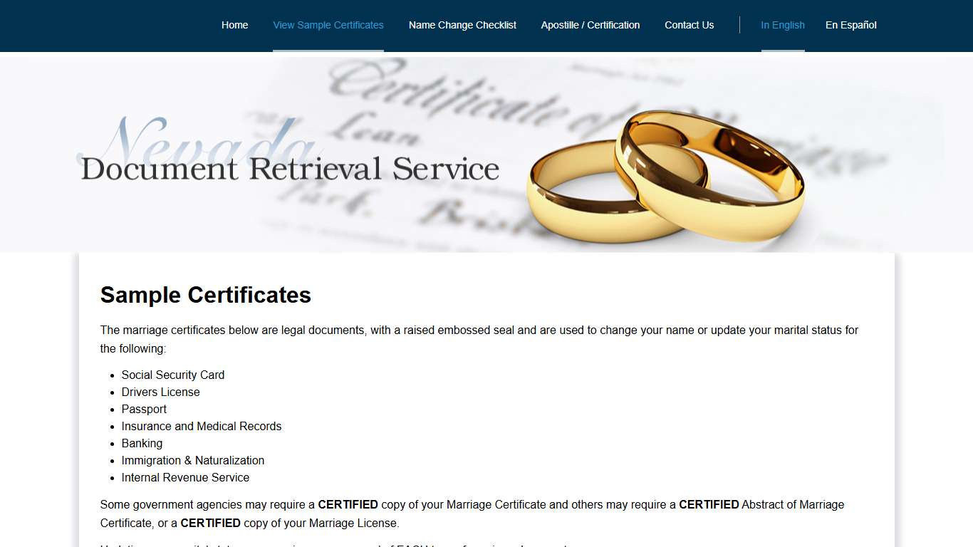 Sample Certificates | Nevada Document Retrieval Service