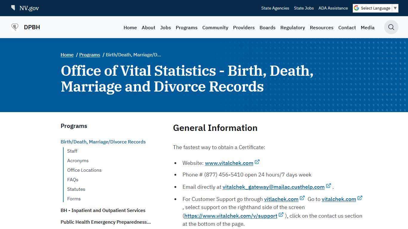 Birth/Death, Marriage/Divorce Records